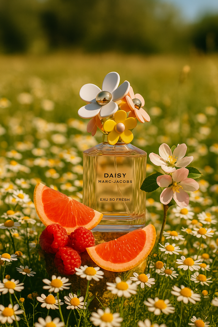 DAISY Marc Jacobs perfume bottle with flowers and fruit on a field background