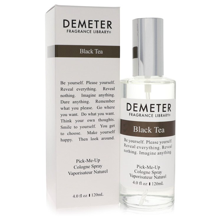 image showing the bottle and packaging for Demeter Black Tea Perfume By Demeter Cologne Spray 120ml