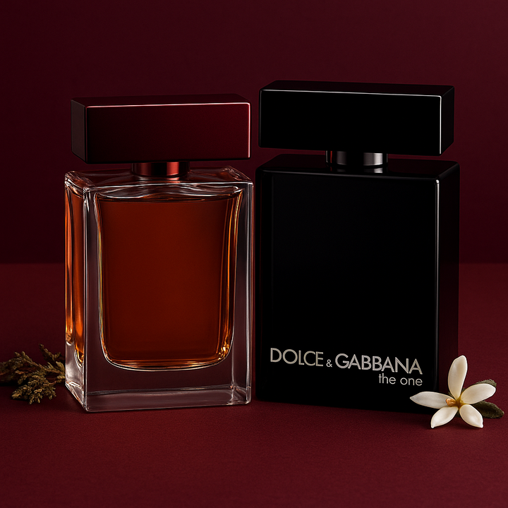Two Dolce & Gabbana perfume bottles on a red background with a flower.