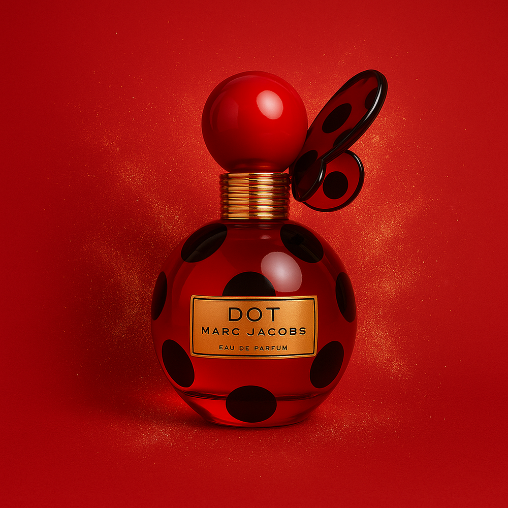 Red and black polka dot perfume bottle with gold accents on a red background