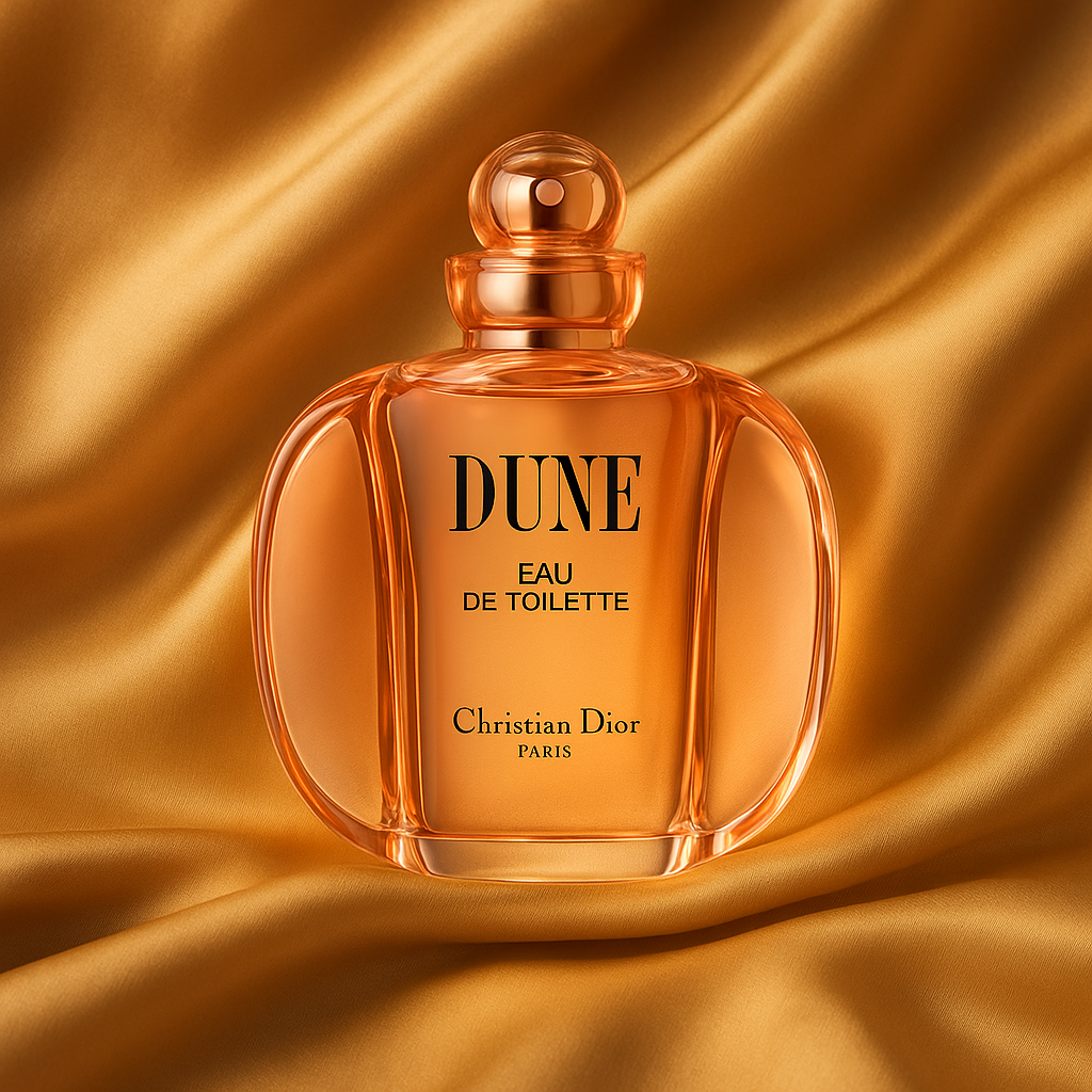 Christian Dior Dune perfume bottle on a gold fabric background