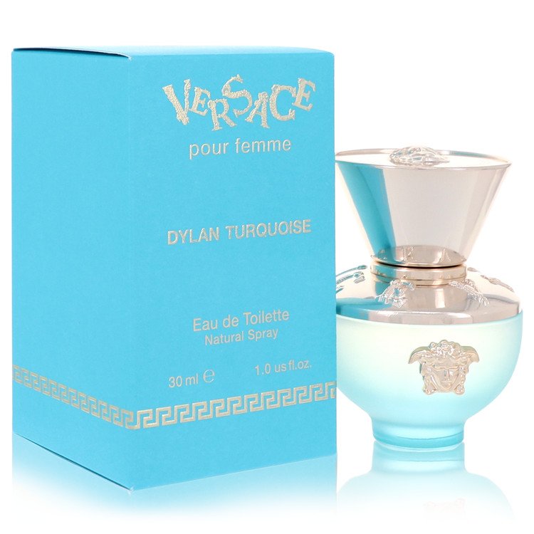 image showing the bottle and packaging for Versace Pour Femme Dylan Turquoise Perfume By Versace Eau De Toilette Spray 30ml