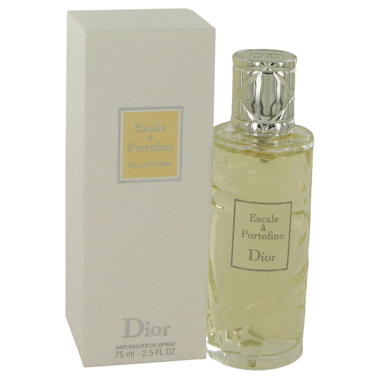 Dior Escale & Portoino Eau de Toilette spray bottle with a silver cap next to its cream-colored packaging box.