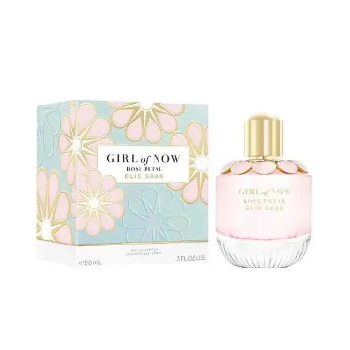 image showing the bottle and packaging for Girl Of Now Rose Petal Perfume By Elie Saab Eau De Parfum Spray 90ml