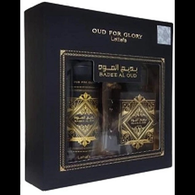 Black and gold perfume set in a decorative box with 'Oud for Glory' branding.