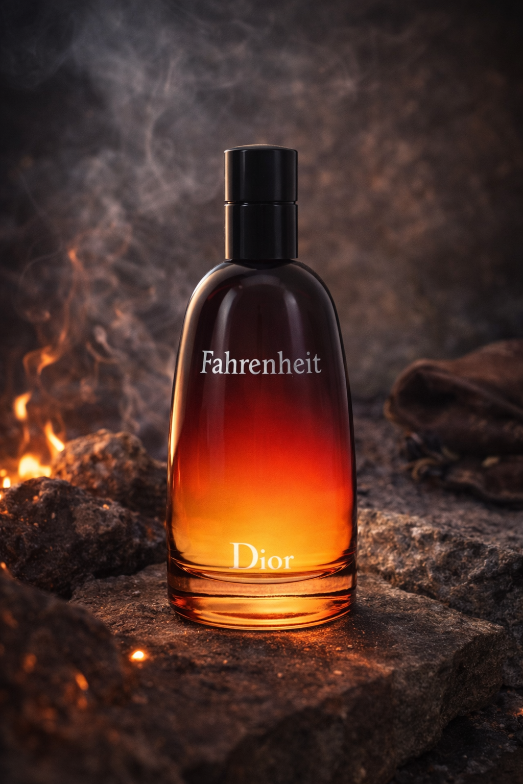 Dior Fahrenheit perfume bottle with a fiery background
