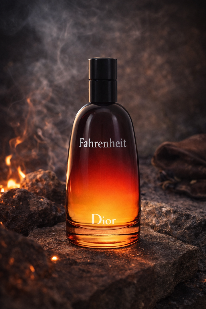 Dior Fahrenheit perfume bottle with a fiery background