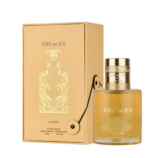 image showing the bottle and packaging for Lattafa Fire On Ice Cologne By Lattafa Eau De Parfum Spray (Unisex) 110ml
