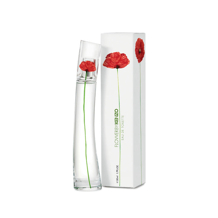 Kenzo Flower perfume bottle and packaging with red flowers on a white background