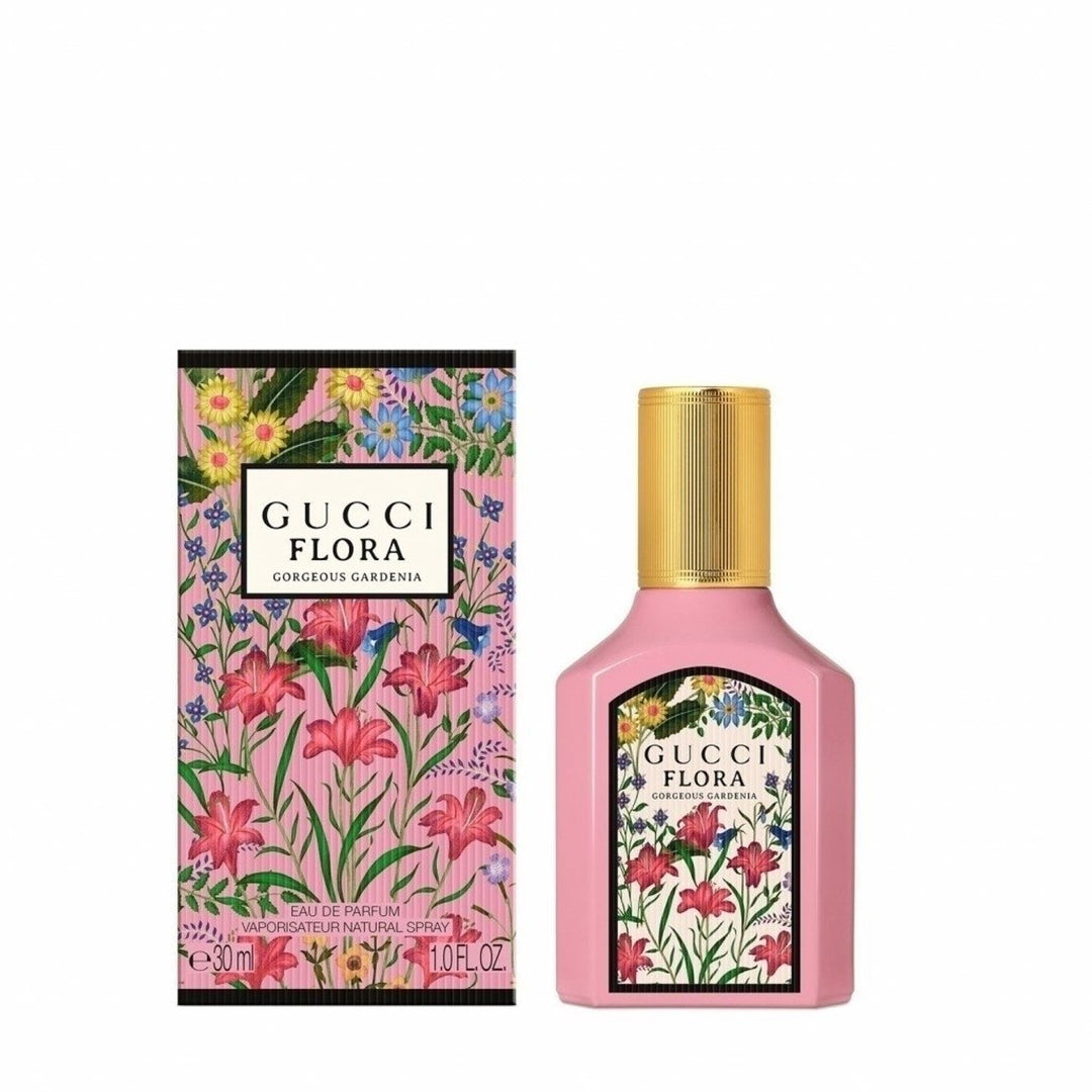 image showing the bottle and packaging for Flora Gorgeous Gardenia Perfume By Gucci Eau De Parfum Spray 30ml