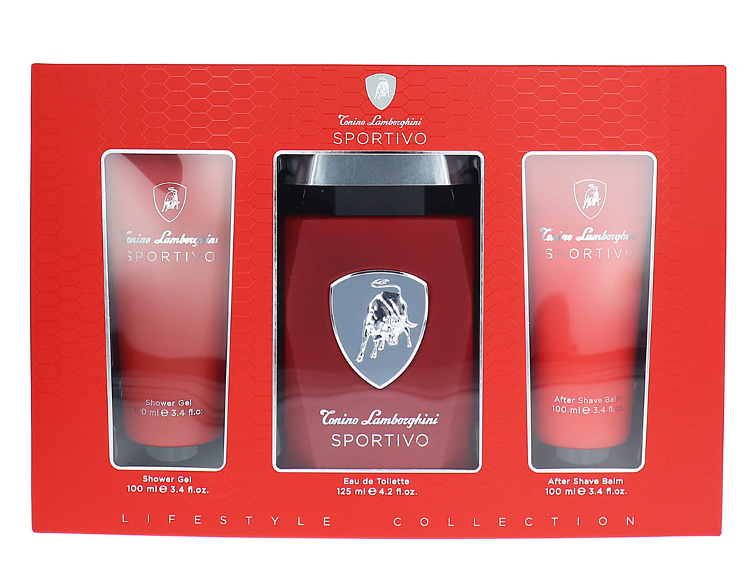 Image showing what you will get when you purchase Lamborghini Sportivo 3Pc Set Edt 125Ml + Aftershave Balm 100Ml + Shower Gel 100Ml