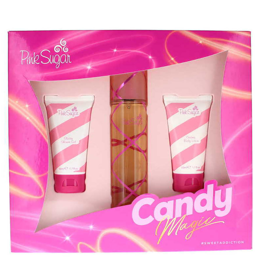 image showing the bottle and packaging for Pink Sugar Candy Magic 3pc Set   EDT 50ml + Body Lotion 50ml + Shower Gel 50ml set
