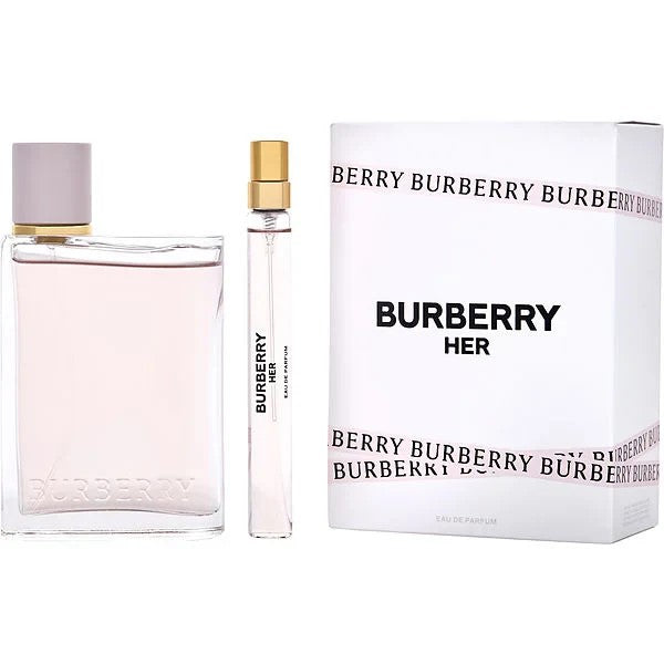 image showing the bottle and packaging for Burberry Her Perfume By Burberry Gift Set Set