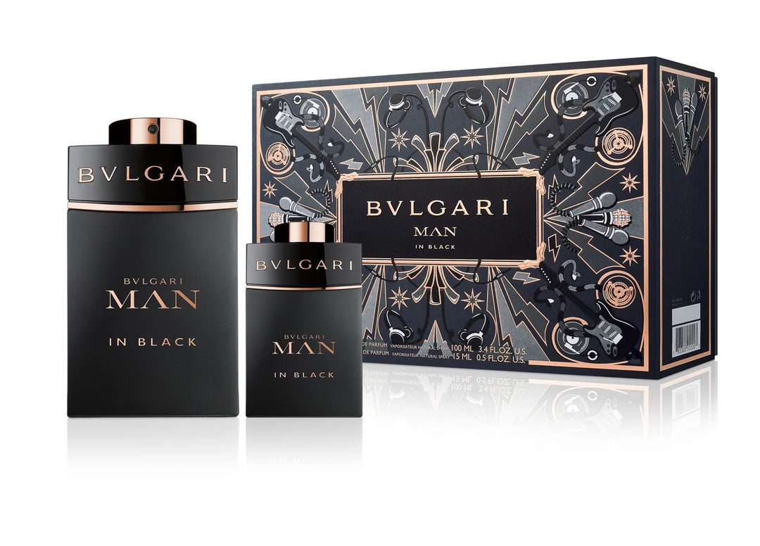 image showing the bottle and packaging for BVLGARI MAN IN BLACK 2PC SET   EDP 100ML + TRAVEL SPRAY 15ML set