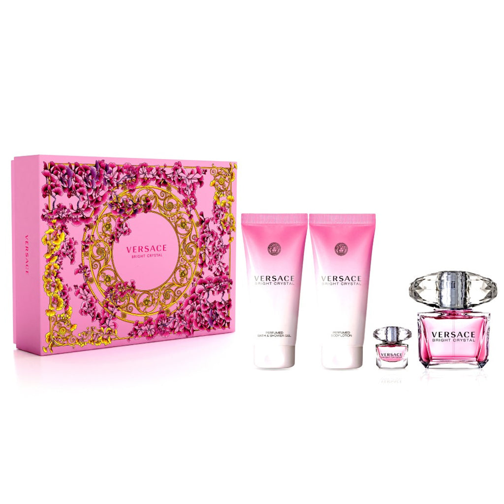image showing the bottle and packaging for Versace Bright Crystal 4pc Set   EDT 90ml + Body Lotion 100ml + Shower Gel 100ml + Mini Replica set