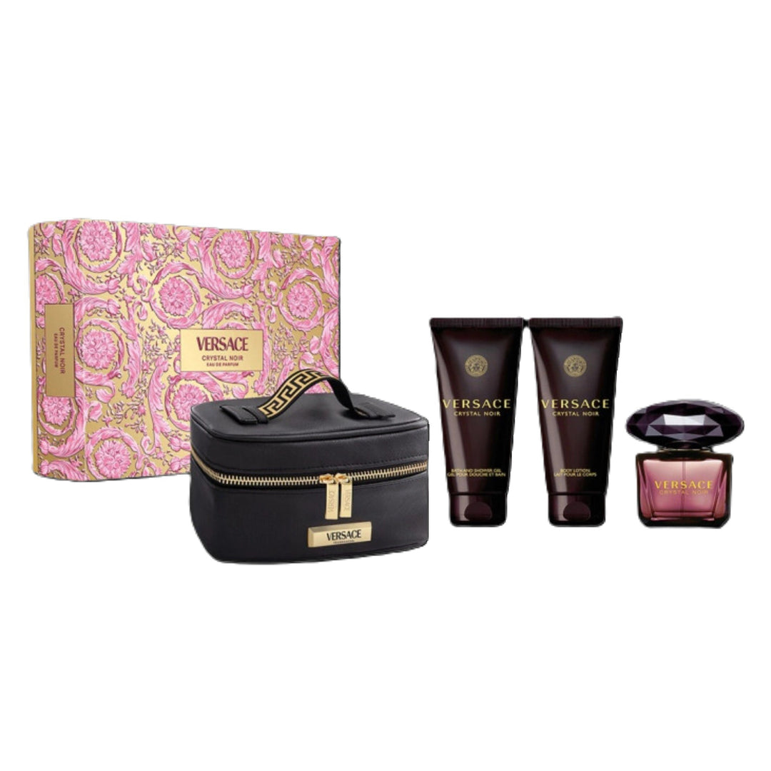 image showing the bottle and packaging for VERSACE CRYSTAL NOIR 4PC SET   EDP 90ML + BODY LOTION 100ML + SHOWER GEL 100ML + BEAUTY CASE set