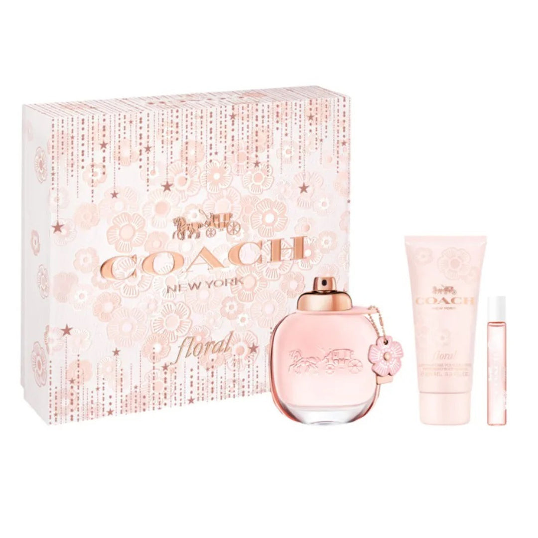 image showing the bottle and packaging for COACH FLORAL 3PC (90ML) EDP Set