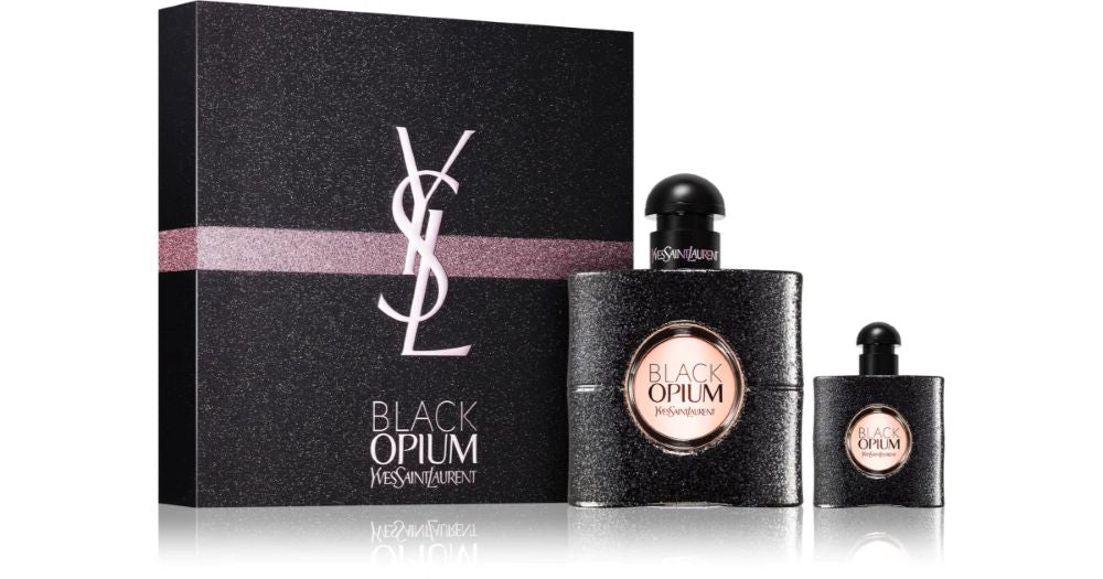 image showing the bottle and packaging for Yves Saint Laurent Black Opium set    50ml  EDP plus 7.5ml Travel Spray set