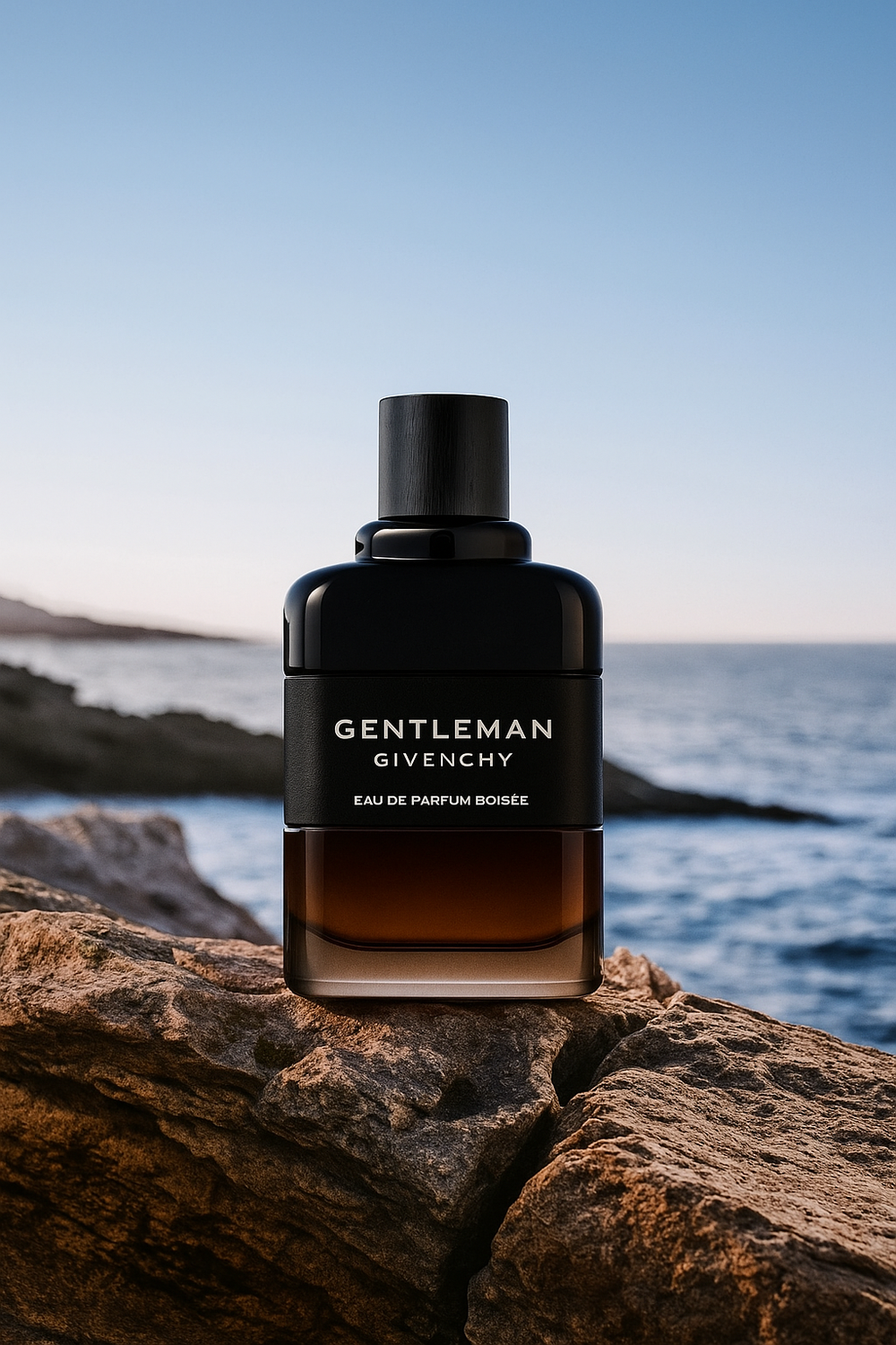 Gentleman Givenchy perfume bottle on a rock with ocean view