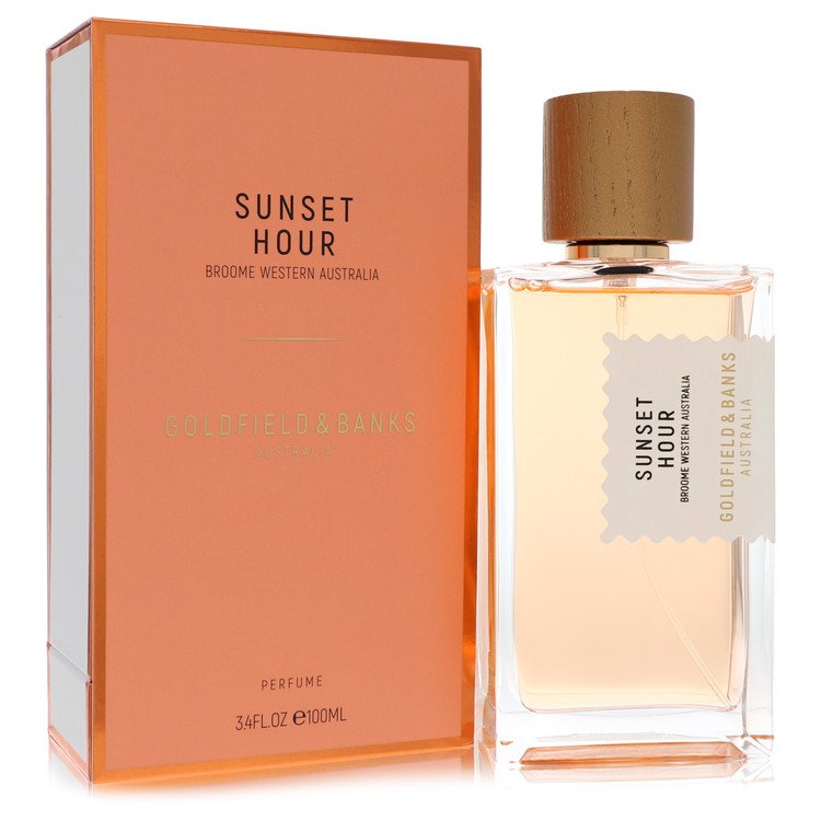 Perfume bottle and packaging of 'Sunset Hour' by Goldfield & Banks on a white background