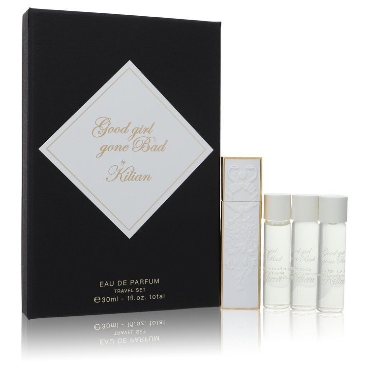 image showing the bottle and packaging for Good Girl Gone Bad Perfume by Kilian 4 x 0.25 oz Travel Spray includes 1 White Travel Spray with 4 Refills  Gift Set