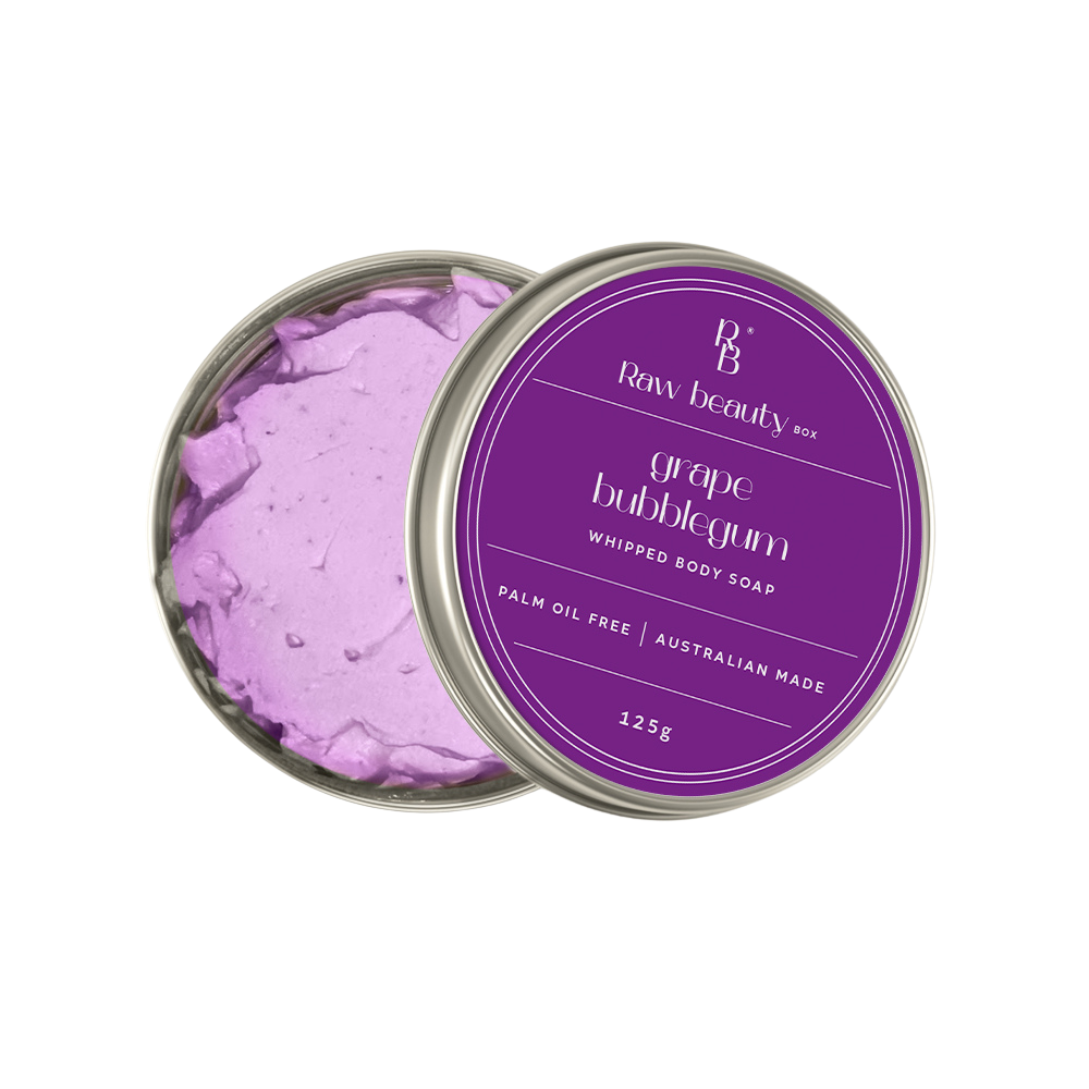 Box of Raw Beauty Grape Bubblegum soap on a white background