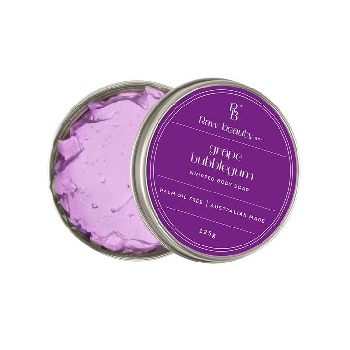 Box of Raw Beauty Grape Bubblegum soap on a white background
