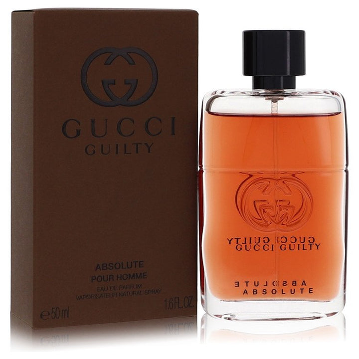 Gucci Guilty Absolute Pour Homme perfume bottle and packaging on a white background