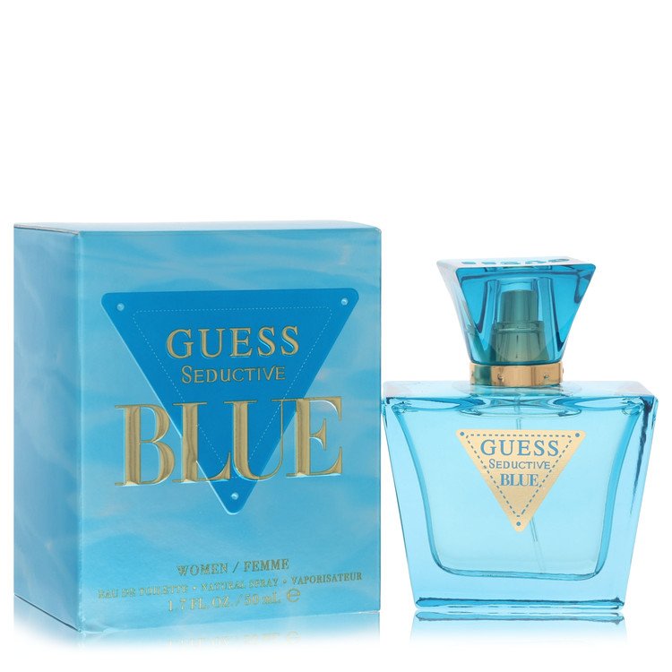 Guess Seductive Homme Blue perfume set with packaging and bottle on a white background