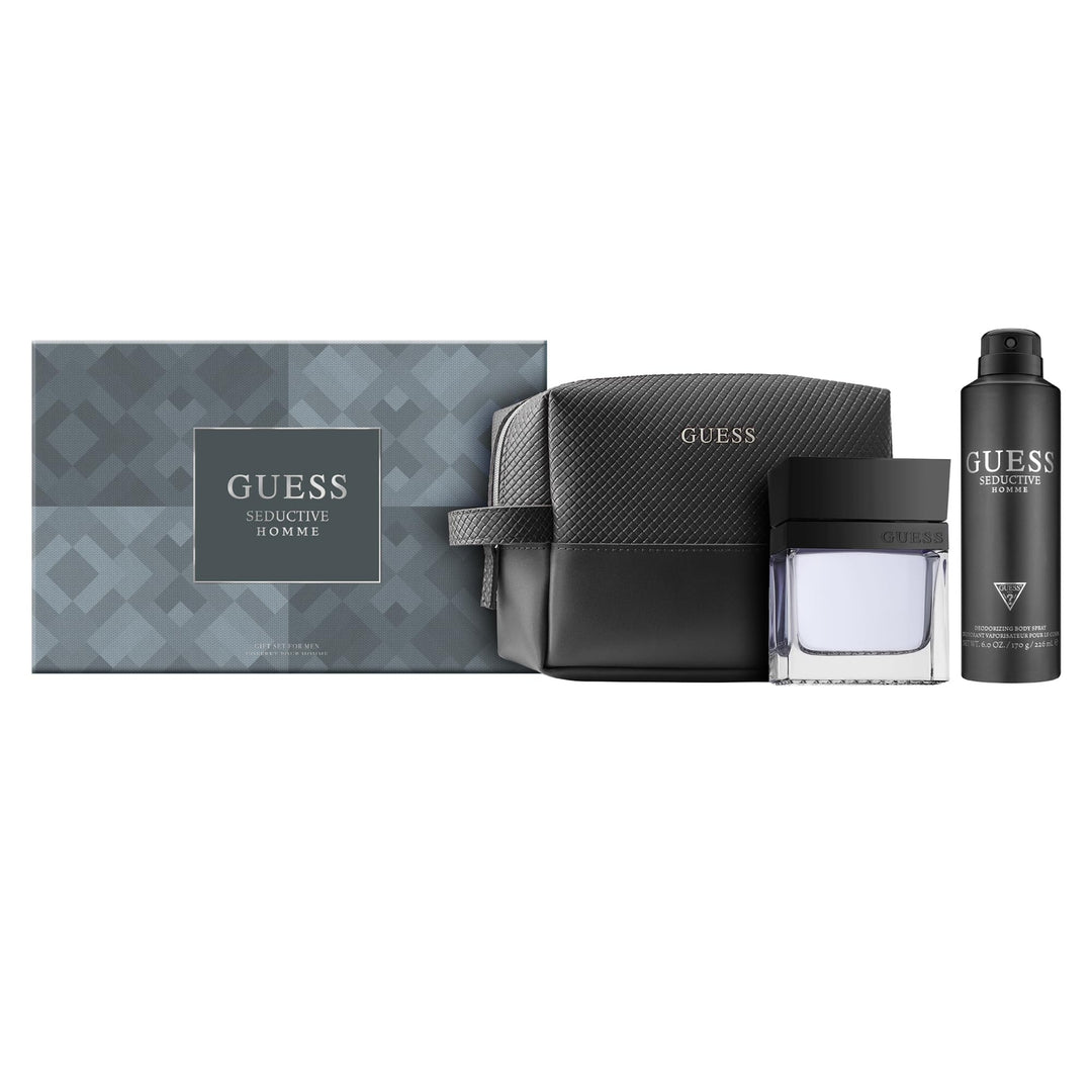 image showing the bottle and packaging for Guess Seductive Homme 4pc Set   EDT 100ml + Deo Spray 180ml + Shower Gel 100ml + Toliletries Bag Set