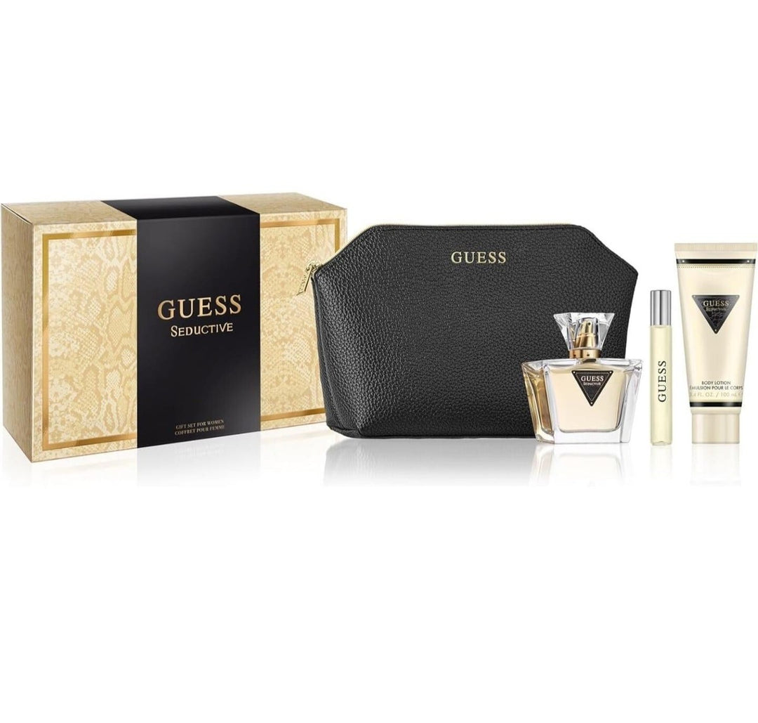 image showing the bottle and packaging for Guess Seductive (L) 4pc Set   EDT 75ml + Purse Spray 15ml + Body Lotion 100ml + Toiletries Bag Set