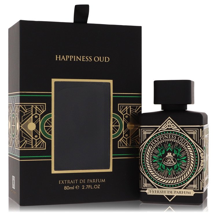 image showing the bottle and packaging for Happiness Oud Perfume By Fragrance World Extrait De Parfum Spray (Unisex) 80ml