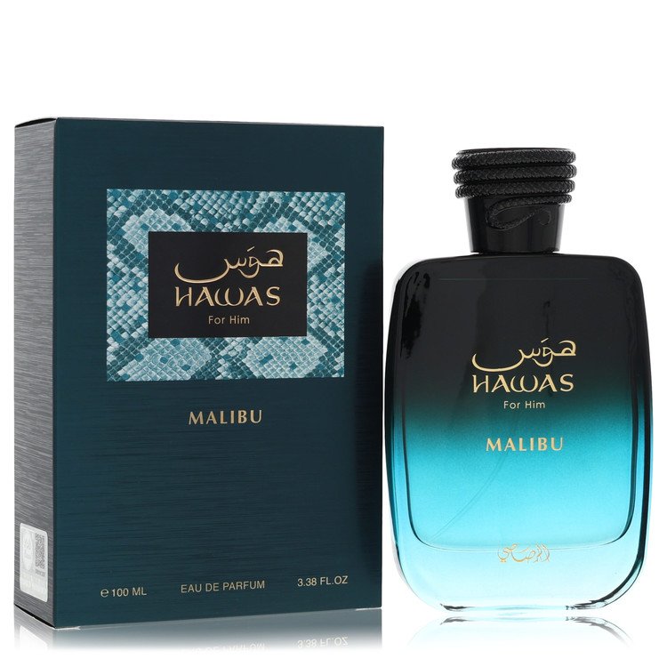 image showing the bottle and packaging for Hawas Malibu Cologne By Rasasi Eau De Parfum Spray 100ml