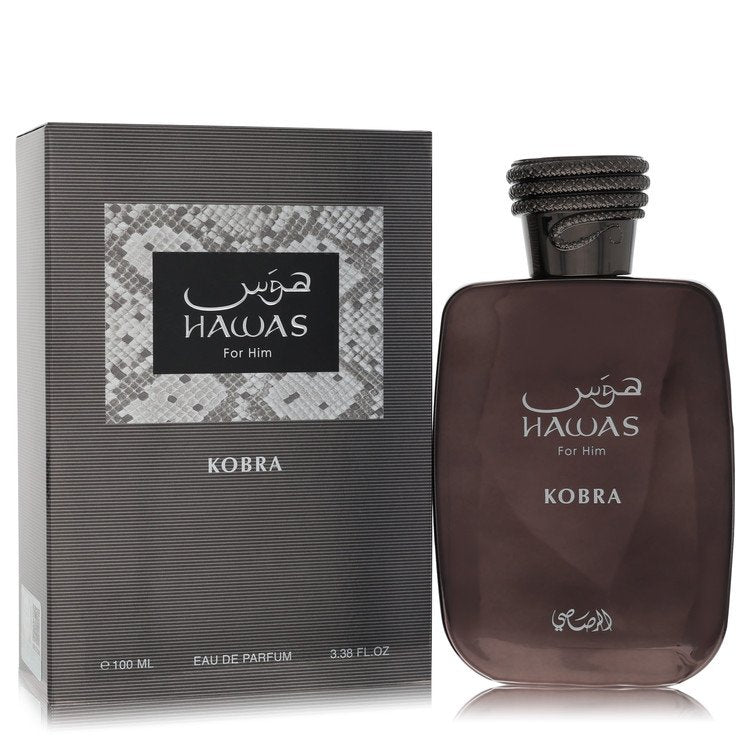 image showing the bottle and packaging for Hawas Kobra Cologne By Rasasi Eau De Parfum Spray 100ml