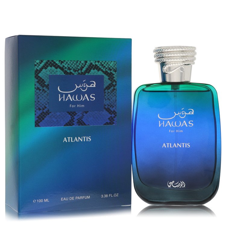 image showing the bottle and packaging for Hawas Atlantis Cologne By Rasasi Eau De Parfum Spray 100ml