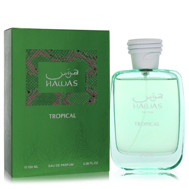 image showing the bottle and packaging for Hawas Tropical Cologne By Rasasi Eau De Parfum Spray 100ml