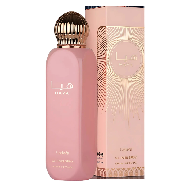 Pink Haya perfume bottle and packaging on a white background