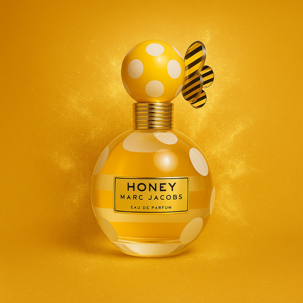 Yellow polka dot perfume bottle with bee design on a yellow background