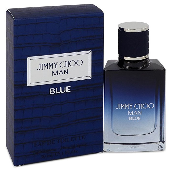 Jimmy Choo Man Blue perfume bottle and packaging on a white background