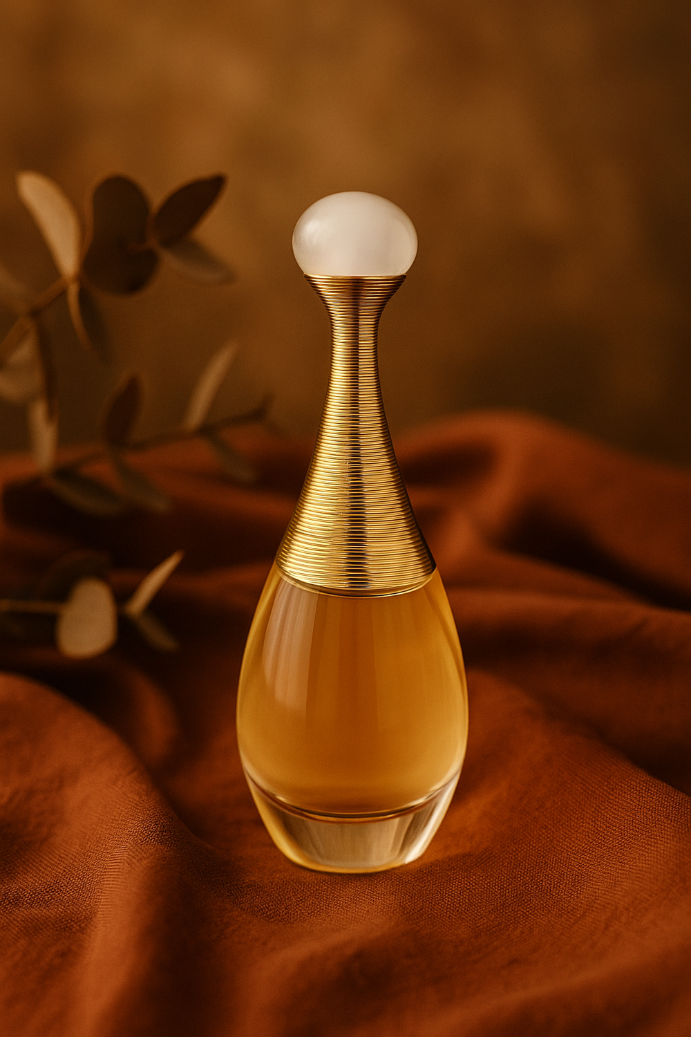 Perfume bottle with gold and glass design on a brown fabric background