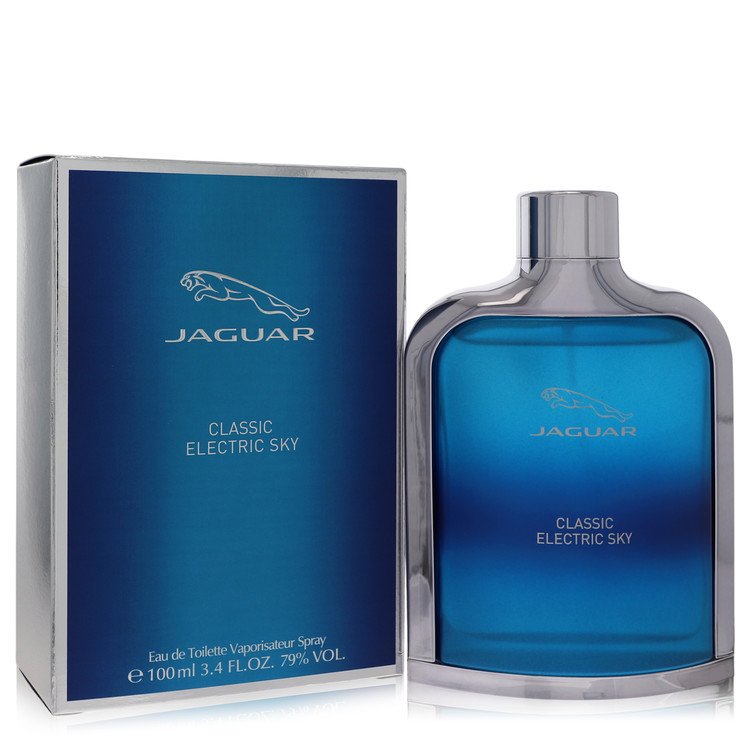 image showing the bottle and packaging for Jaguar Classic Electric Sky Cologne By Jaguar Eau De Toilette Spray 100ml