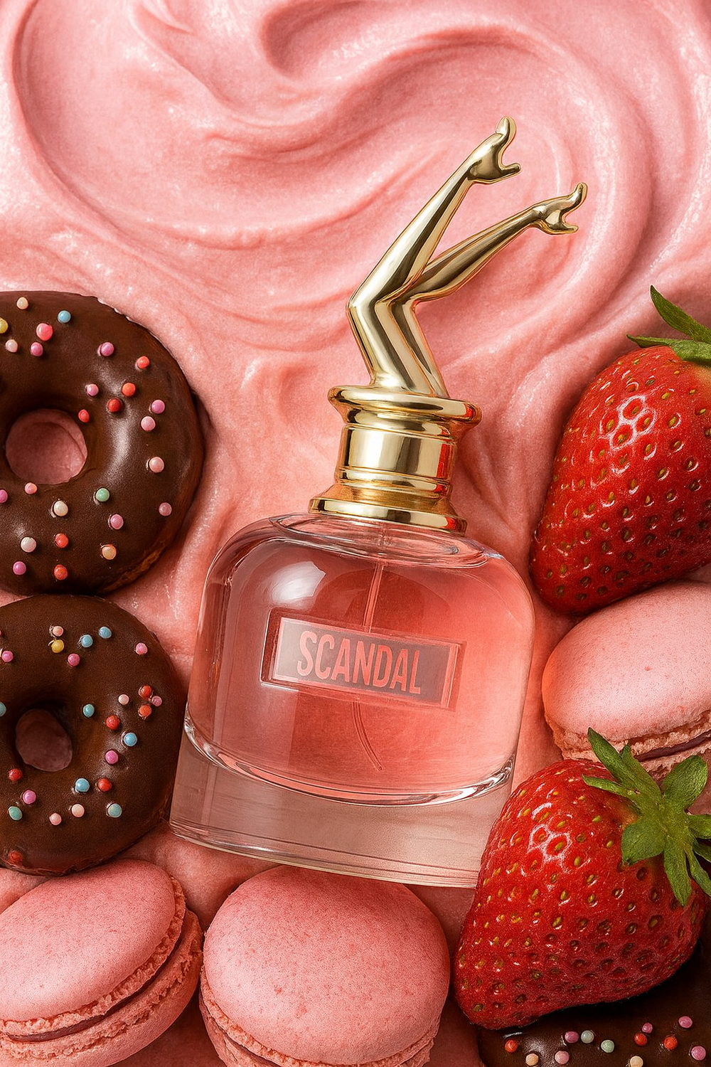 Perfume bottle labeled 'Scandal' surrounded by strawberries, macarons, and donuts on a pink background