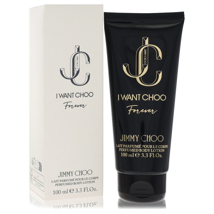 image showing the bottle and packaging for Jimmy Choo I Want Choo Forever Perfume By Jimmy Choo Body Lotion 100ml
