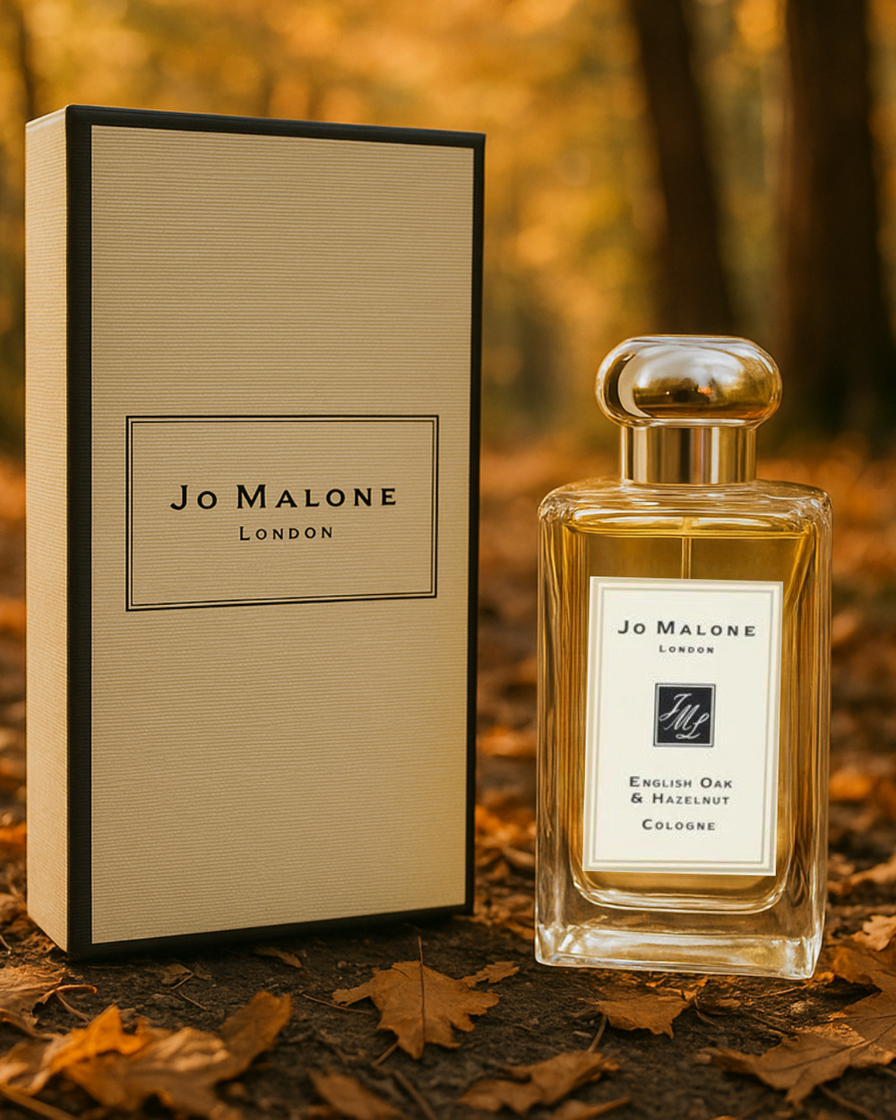 Jo Malone perfume bottle and packaging on a leafy background
