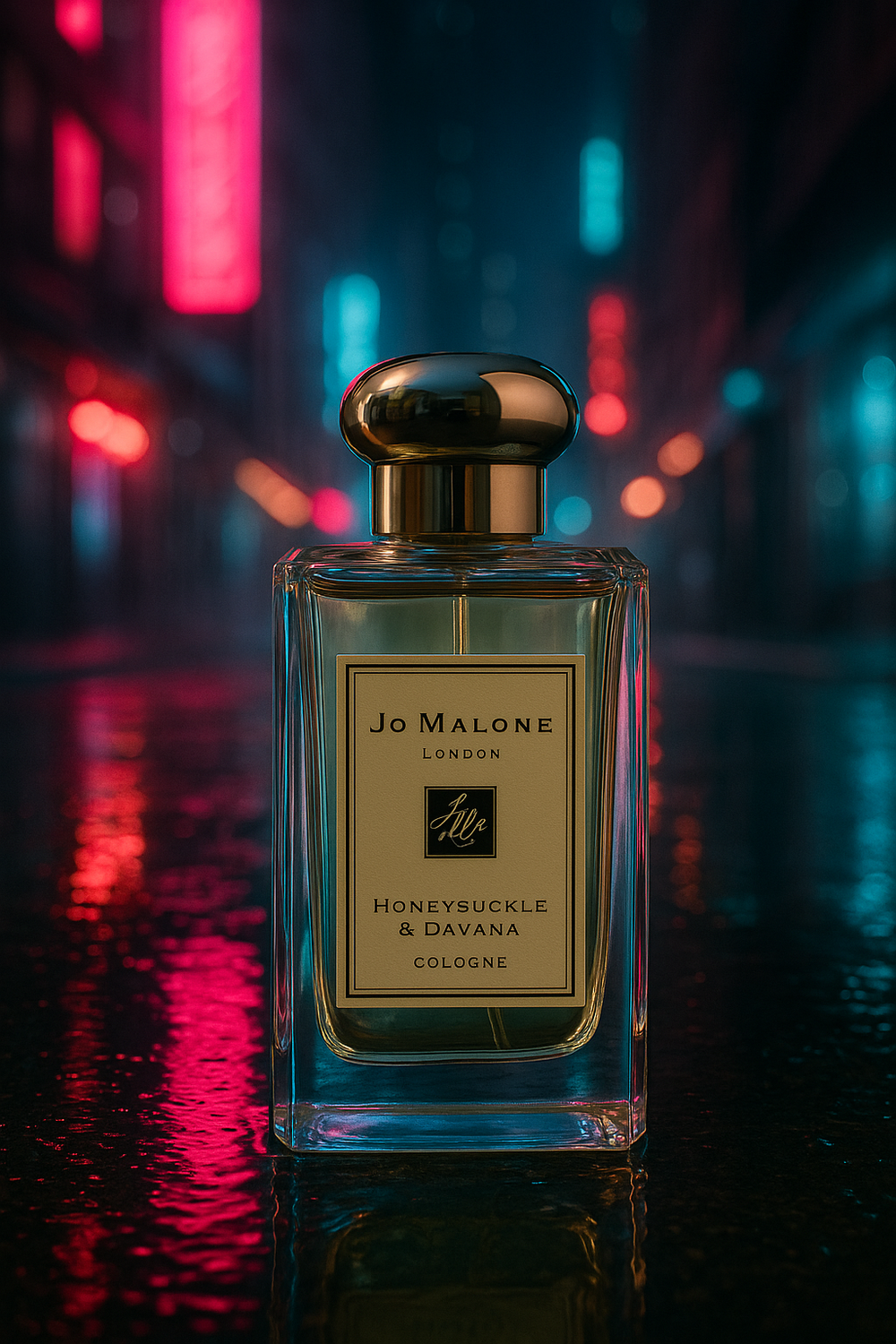 Jo Malone Honeysuckle & Davana cologne bottle with a blurred neon cityscape background