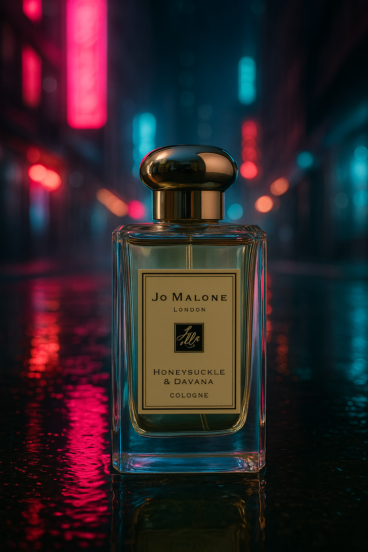 Jo Malone Honeysuckle & Davana cologne bottle with a blurred neon cityscape background