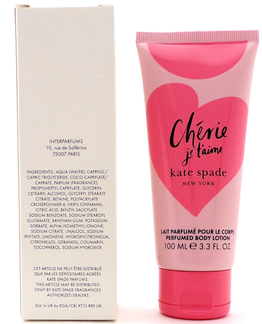 image showing the bottle and packaging for Kate Spade Cherie Je T'aime Perfume By Kate Spade Body Lotion 100ml