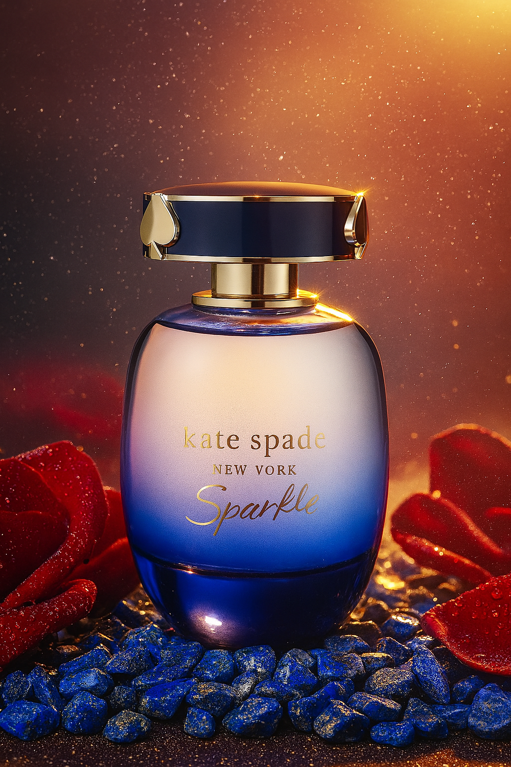 Bottle of Kate Spade New York Sparkle perfume — an elegant glass bottle fading from midnight blue at the base to a soft frosted top, with a gold cap adorned with spade emblems; set against a glittery warm‐light background with red rose petals and blue stones.