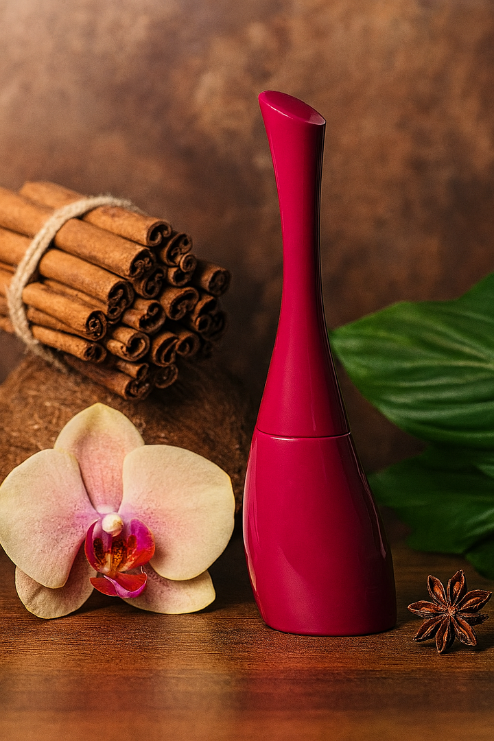 Red diffuser with cinnamon sticks, orchid, and star anise on a wooden surface