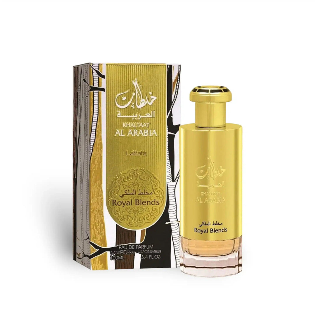 image showing the bottle and packaging for Lattafa Khaltaat Al Arabia Royal Blends Eau De Parfum 100ml